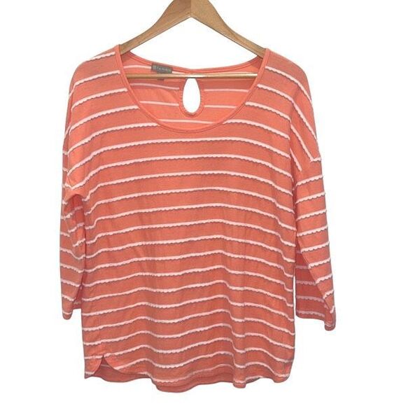 Talbots T by Talbots Scalloped Striped Long Sleeve Top Coral White Size Large - Picture 1 of 7